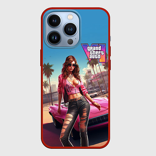 Чехол iPhone 13 Pro GTA 6 girl logo / 3D-Красный – фото 1