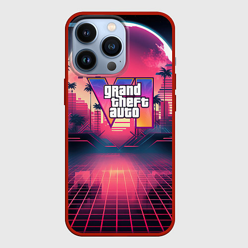 Чехол iPhone 13 Pro GTA 6 logo retro night / 3D-Красный – фото 1