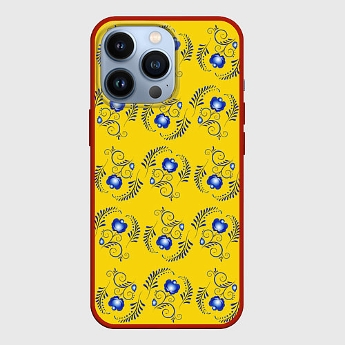 Чехол iPhone 13 Pro Узор - цветы гжель на желтом фоне / 3D-Красный – фото 1