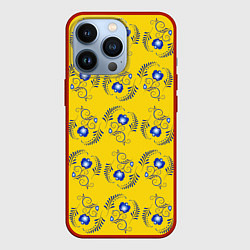 Чехол для iPhone 13 Pro Узор - цветы гжель на желтом фоне, цвет: 3D-красный