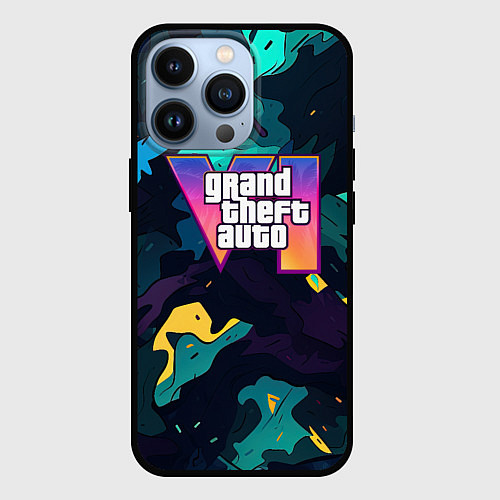 Чехол iPhone 13 Pro GTA 6 logo яркий неоновый камуфляжный стиль / 3D-Черный – фото 1