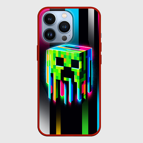Чехол iPhone 13 Pro Неоновый Крипер - Майнкрафт / 3D-Красный – фото 1