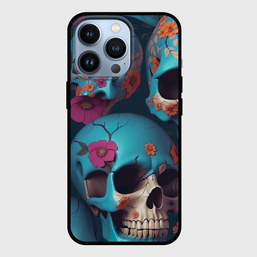 Чехол iPhone 13 Pro Черепа с цветами синие / 3D-Черный – фото 1