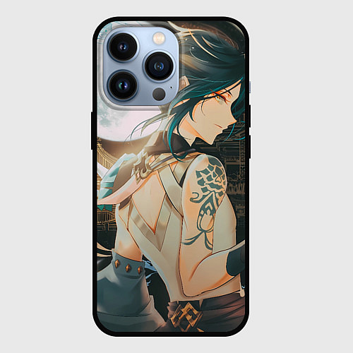 Чехол iPhone 13 Pro Персонаж игры Геншин - Сяо Xiao / 3D-Черный – фото 1