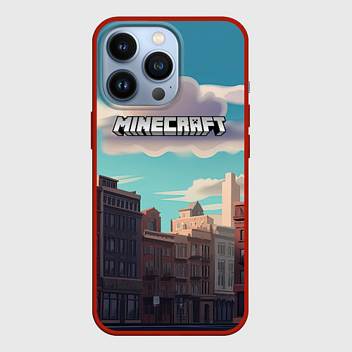 Чехол iPhone 13 Pro Minecraft город и лого / 3D-Красный – фото 1