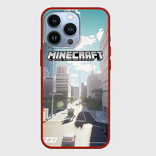 Чехол iPhone 13 Pro Minecraft дневной город / 3D-Красный – фото 1