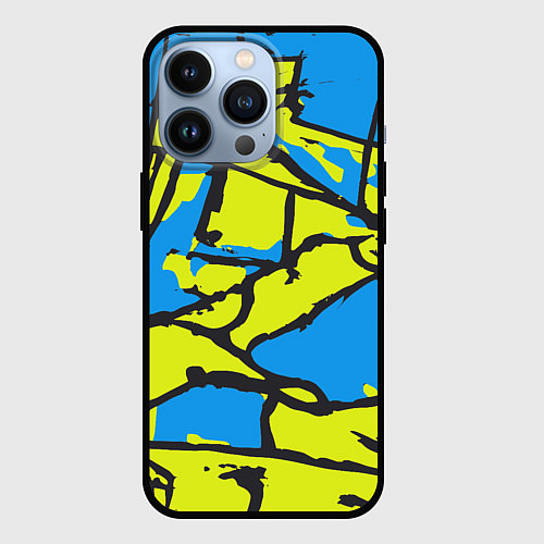 Чехол iPhone 13 Pro Жёлто-голубая графика / 3D-Черный – фото 1