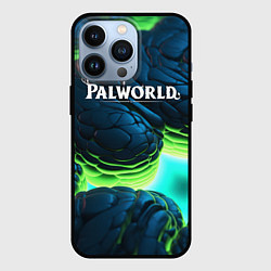 Чехол iPhone 13 Pro Palworld логотип на ярких синих и зеленых неоновых