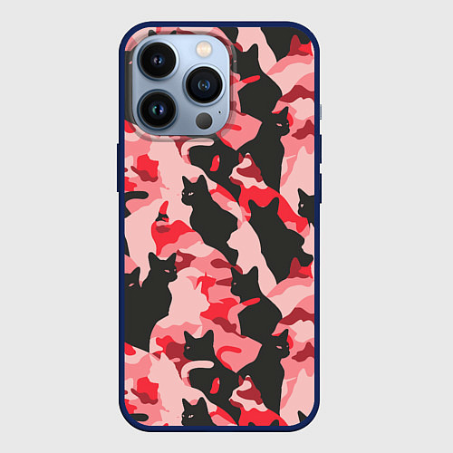 Чехол iPhone 13 Pro Розовый камуфляж из котов / 3D-Тёмно-синий – фото 1