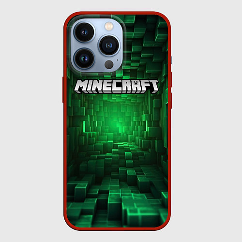 Чехол iPhone 13 Pro Minecraft logo зеленые плитки / 3D-Красный – фото 1