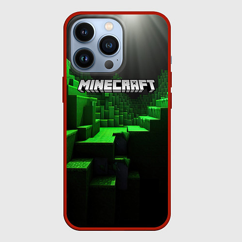 Чехол iPhone 13 Pro Minecraft logo зеленые яркие плитки / 3D-Красный – фото 1