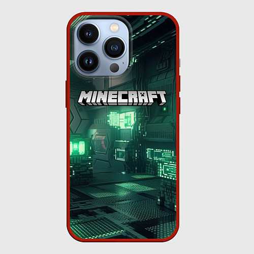 Чехол iPhone 13 Pro Minecraft logo в стиле киберпанк / 3D-Красный – фото 1