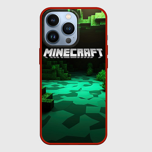 Чехол iPhone 13 Pro Minecraft logo зеленый яркий мир / 3D-Красный – фото 1