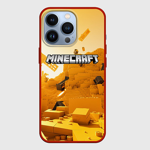 Чехол iPhone 13 Pro Minecraft logo яркий желтый мир / 3D-Красный – фото 1