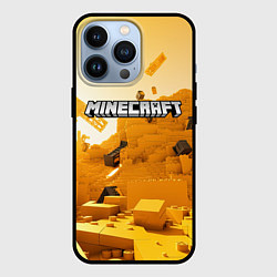 Чехол iPhone 13 Pro Minecraft logo яркий желтый мир