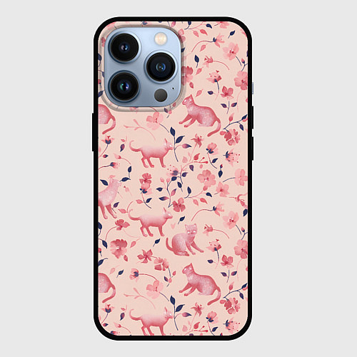 Чехол iPhone 13 Pro Розовый паттерн с цветами и котиками / 3D-Черный – фото 1