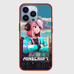 Чехол для iPhone 13 Pro Minecraft девушка на фоне города, цвет: 3D-красный
