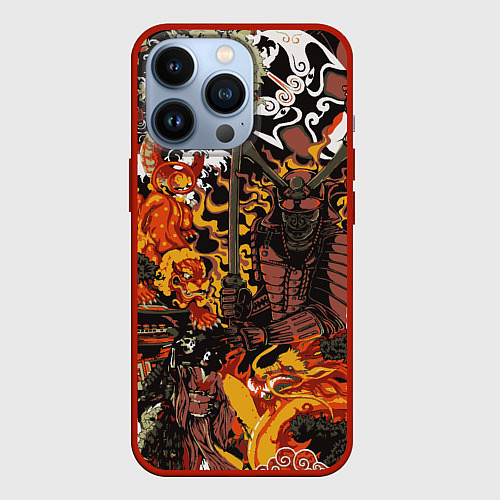 Чехол iPhone 13 Pro Драконы и самураи Японии / 3D-Красный – фото 1