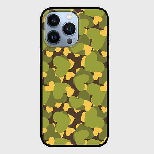 Чехол iPhone 13 Pro Сердечки - камуфляж / 3D-Черный – фото 1
