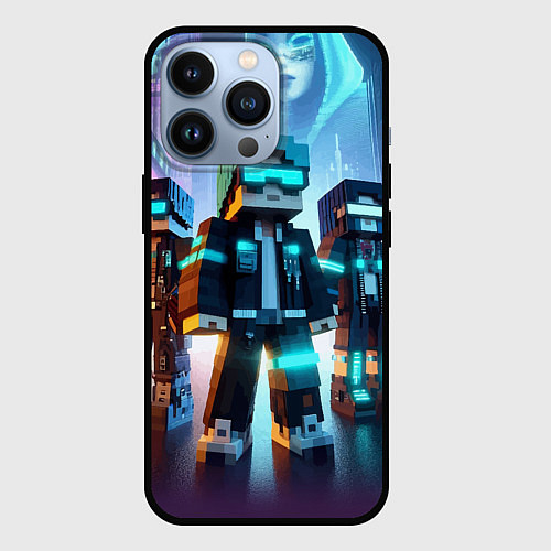 Чехол iPhone 13 Pro Minecraft - neon metropolis ai art / 3D-Черный – фото 1