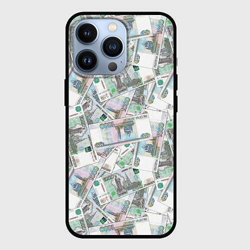 Чехол iPhone 13 Pro Деньги - купюры в 1 тысячу рублей / 3D-Черный – фото 1