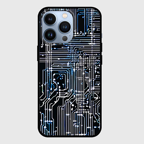 Чехол iPhone 13 Pro Киберпанк схемы белые и синие / 3D-Черный – фото 1
