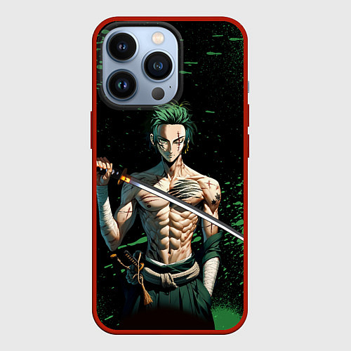 Чехол iPhone 13 Pro Ван Пис - Зоро нейросеть / 3D-Красный – фото 1