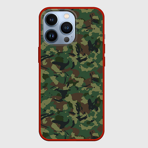 Чехол iPhone 13 Pro Камуфляж Woodland классический / 3D-Красный – фото 1