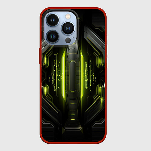 Чехол iPhone 13 Pro Яркая зеленая неоновая киберброня / 3D-Красный – фото 1