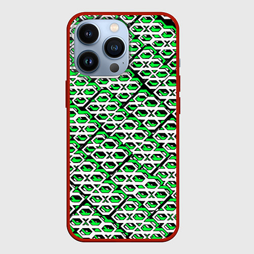Чехол iPhone 13 Pro Зелёно-белый узор на чёрном фоне / 3D-Красный – фото 1
