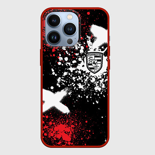 Чехол iPhone 13 Pro Логотип Порше на фоне граффити и брызг красок / 3D-Красный – фото 1