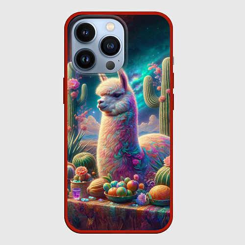 Чехол iPhone 13 Pro Альпака и кактусы на столе / 3D-Красный – фото 1