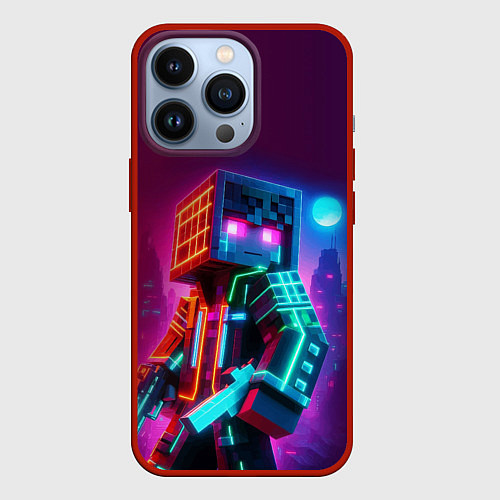 Чехол iPhone 13 Pro Cyberpunk and Minecraft - collaboration ai art / 3D-Красный – фото 1