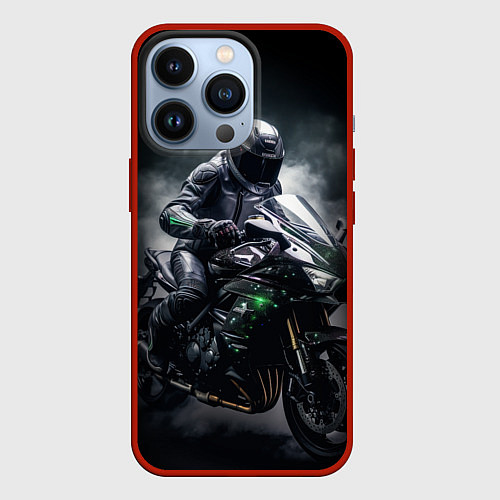 Чехол iPhone 13 Pro Мотоциклист и дым / 3D-Красный – фото 1
