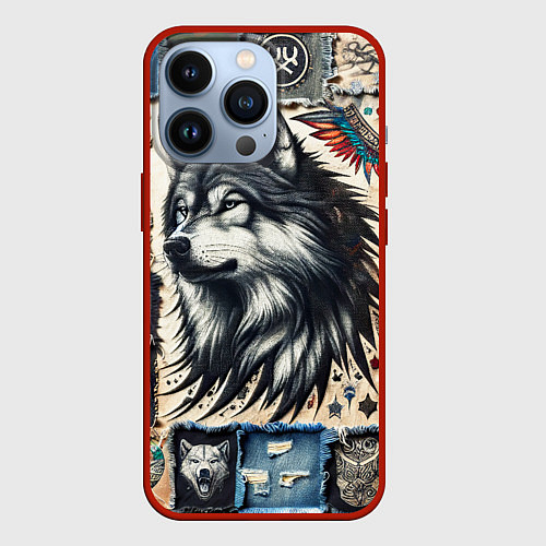 Чехол iPhone 13 Pro Волк на дениме Пэчворк / 3D-Красный – фото 1