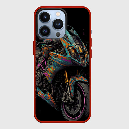 Чехол iPhone 13 Pro Темный мотоцикл на черном фоне / 3D-Красный – фото 1