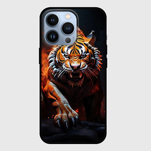 Чехол iPhone 13 Pro Злой тигр в огне рычит и нападает / 3D-Черный – фото 1