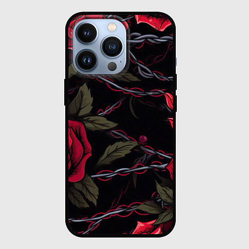 Чехол iPhone 13 Pro Череп и красные розы / 3D-Черный – фото 1