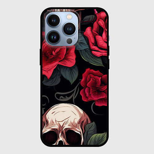 Чехол iPhone 13 Pro Черепа с красными розами / 3D-Черный – фото 1