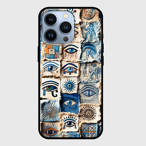 Чехол iPhone 13 Pro Глаза на пэчворк дениме / 3D-Черный – фото 1