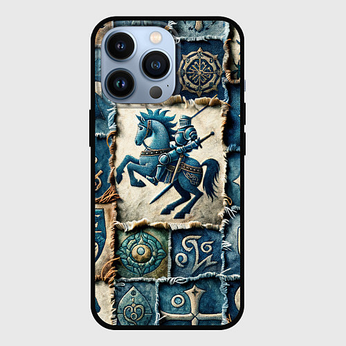 Чехол iPhone 13 Pro Рыцарь на пэчворк дениме / 3D-Черный – фото 1