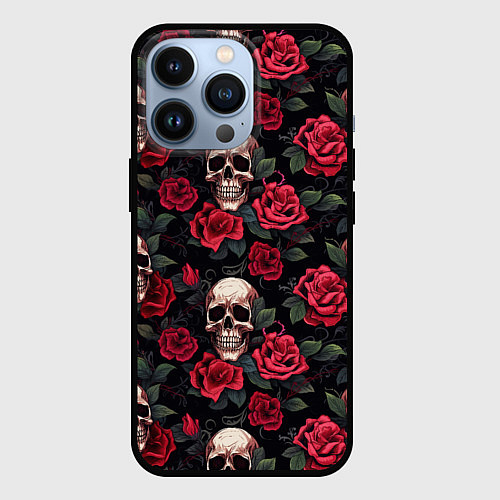 Чехол iPhone 13 Pro Черепа и алые розы / 3D-Черный – фото 1