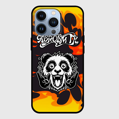 Чехол iPhone 13 Pro Aerosmith рок панда и огонь / 3D-Черный – фото 1
