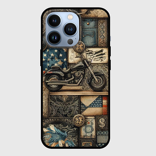 Чехол iPhone 13 Pro Patchwork with a motorcycle - ai art / 3D-Черный – фото 1