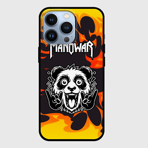 Чехол iPhone 13 Pro Manowar рок панда и огонь / 3D-Черный – фото 1