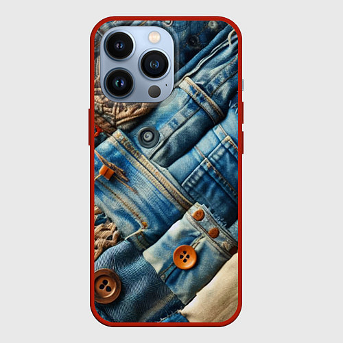 Чехол iPhone 13 Pro Джинсовый пэчворк с пуговицами - мода / 3D-Красный – фото 1