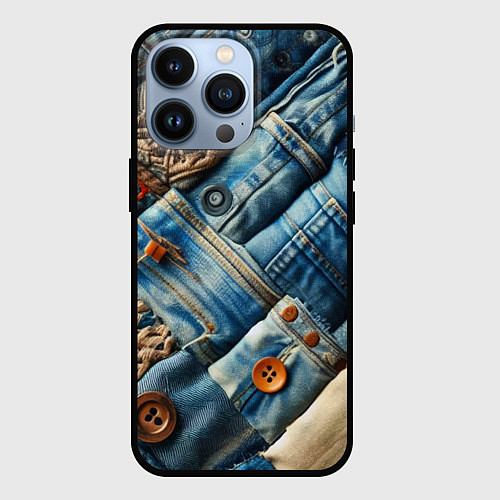 Чехол iPhone 13 Pro Джинсовый пэчворк с пуговицами - мода / 3D-Черный – фото 1