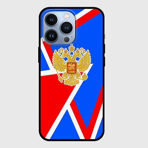 Чехол iPhone 13 Pro Герб России - патриотические цвета / 3D-Черный – фото 1