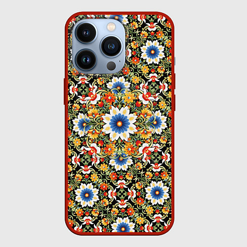 Чехол iPhone 13 Pro Русские цветочные узоры красно-желтые / 3D-Красный – фото 1