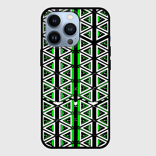 Чехол iPhone 13 Pro Бело-зелёные треугольники на чёрном фоне / 3D-Черный – фото 1